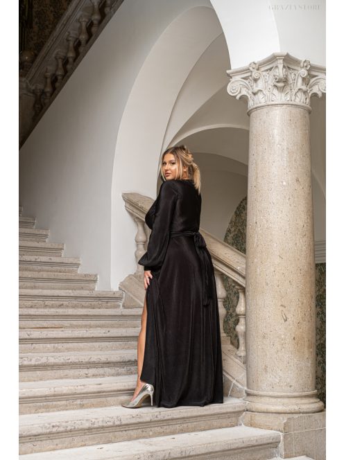 Daisy – átlapolt, hosszú ujjú pliszírozott maxi ruha fekete színben