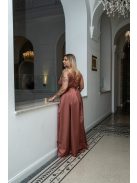 Zenina – V-kivágású szatén maxi ruha spagetti pántokkal tégla színben 