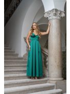 Zenina – V-kivágású szatén maxi ruha spagetti pántokkal zöld színben.