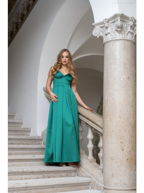 Zenina – V-kivágású szatén maxi ruha spagetti pántokkal zöld színben.