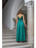 Zenina – V-kivágású szatén maxi ruha spagetti pántokkal zöld színben.