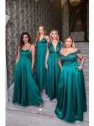 Zenina – V-kivágású szatén maxi ruha spagetti pántokkal zöld színben.