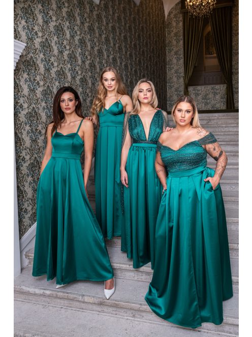 Zenina – V-kivágású szatén maxi ruha spagetti pántokkal zöld színben.