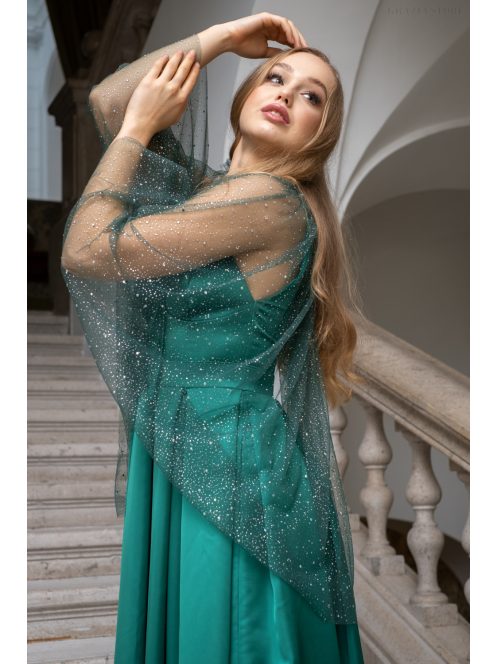 Pandóra – strasszköves tüll palást zöld színben alkalmi ruhákhoz.