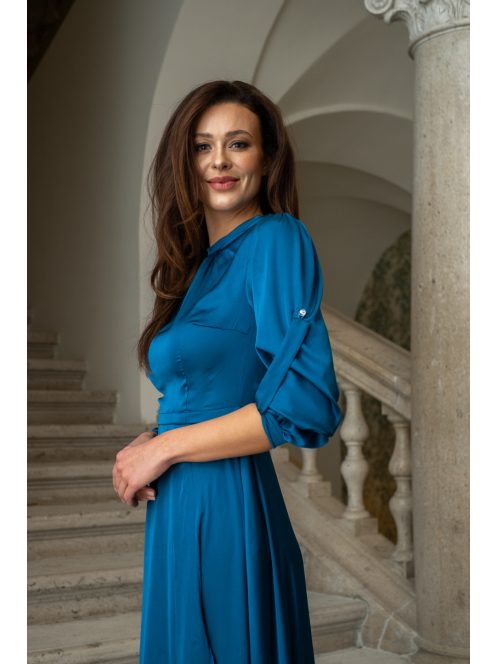 Dia – felgombolható hosszú ujjú maxi ruha light szatén anyagból petrolkék színben