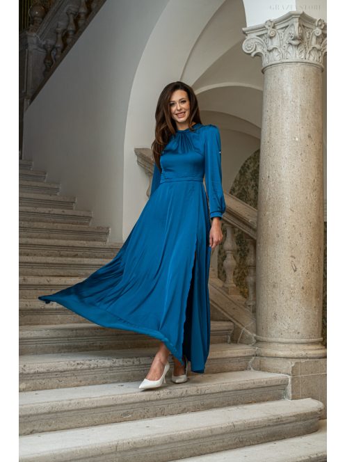 Dia – felgombolható hosszú ujjú maxi ruha light szatén anyagból petrolkék színben