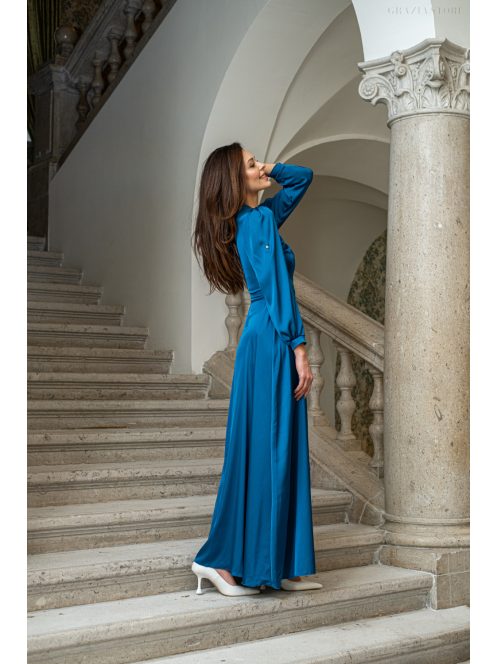 Dia – felgombolható hosszú ujjú maxi ruha light szatén anyagból petrolkék színben