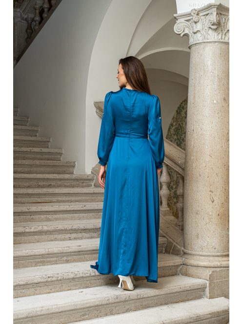 Dia – felgombolható hosszú ujjú maxi ruha light szatén anyagból petrolkék színben