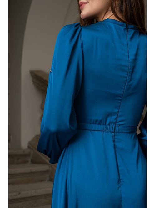 Dia – felgombolható hosszú ujjú maxi ruha light szatén anyagból petrolkék színben