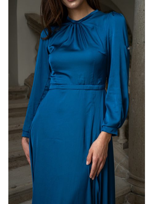 Dia – felgombolható hosszú ujjú maxi ruha light szatén anyagból petrolkék színben