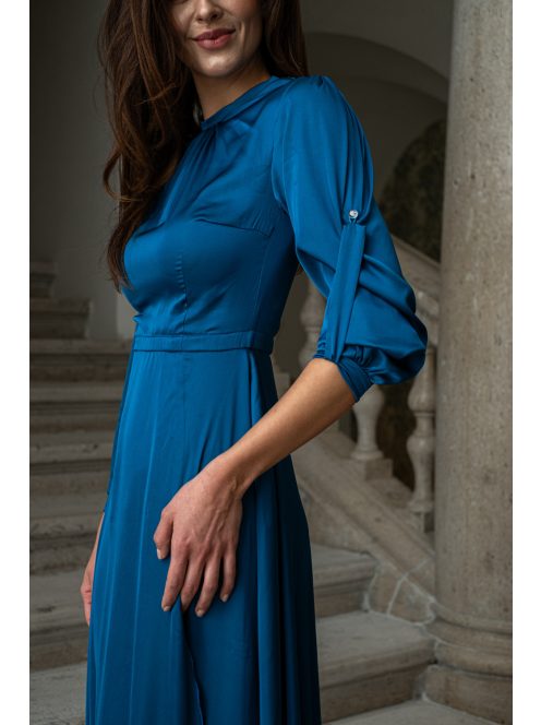 Dia – felgombolható hosszú ujjú maxi ruha light szatén anyagból petrolkék színben