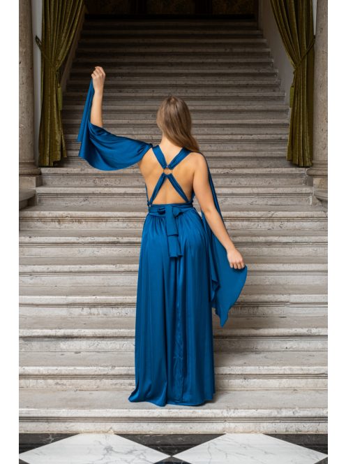 Scarlett - különleges, petrol maxi ruha keresztezett hátrésszel.