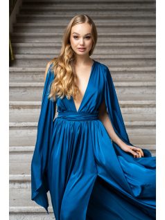   Scarlett - különleges maxi ruha keresztezett hátrésszel petrolkék színben light szatén anyagból