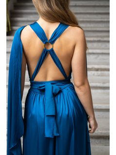   Scarlett - különleges maxi ruha keresztezett hátrésszel petrolkék színben light szatén anyagból