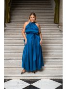 Olga – nyak és derékban megkötős maxi ruha light szatén anyagból petrolkék színben
