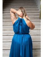 Olga – nyak és derékban megkötős maxi ruha light szatén anyagból petrolkék színben