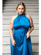 Olga – nyak és derékban megkötős maxi ruha light szatén anyagból petrolkék színben