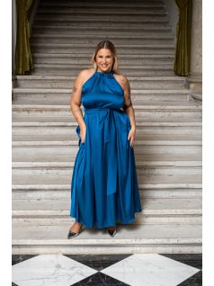   Olga – nyak és derékban megkötős maxi ruha light szatén anyagból petrolkék színben
