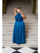 Olga – nyak és derékban megkötős maxi ruha light szatén anyagból petrolkék színben