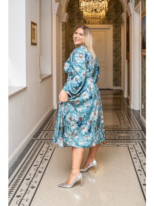 Dia – felgombolható hosszú ujjú maxi ruha mintás, light szatén anyagból 