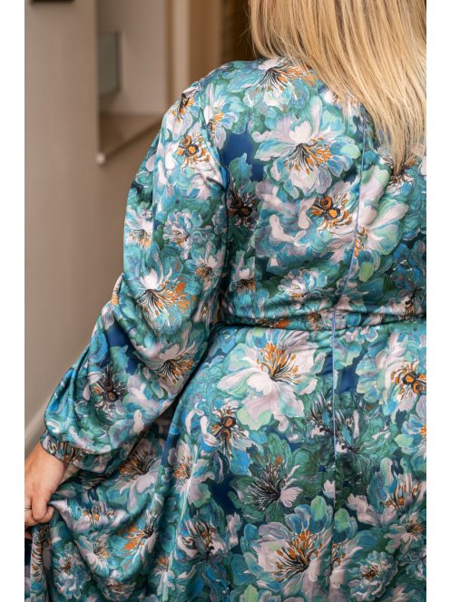 Dia – felgombolható hosszú ujjú maxi ruha mintás, light szatén anyagból 