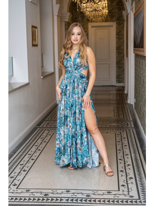 Kamilla – különleges, hátán fűzős maxi ruha, mintás, light szatén anyagból