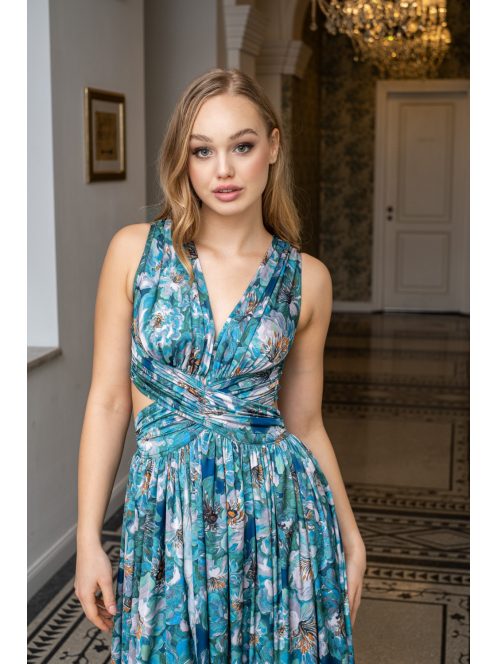 Kamilla – különleges, hátán fűzős, virágmintás maxi ruha.