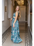 Kamilla – különleges, hátán fűzős maxi ruha, mintás, light szatén anyagból
