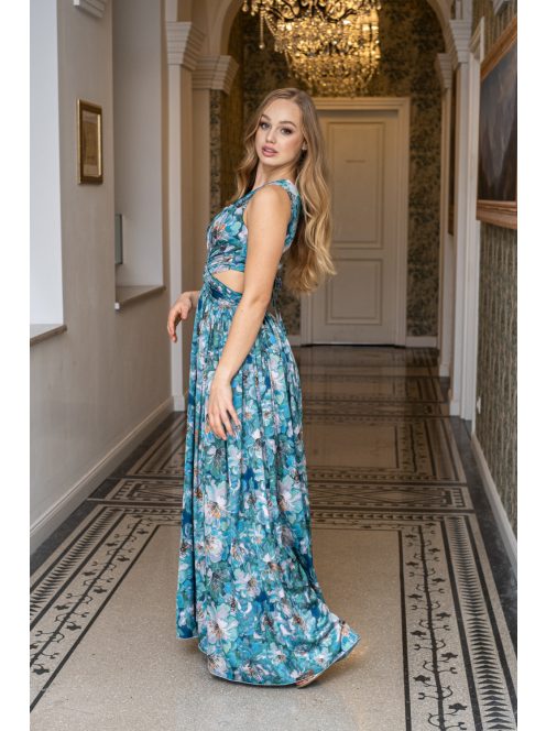 Kamilla – különleges, hátán fűzős maxi ruha, mintás, light szatén anyagból