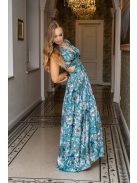 Kamilla – különleges, hátán fűzős maxi ruha, mintás, light szatén anyagból