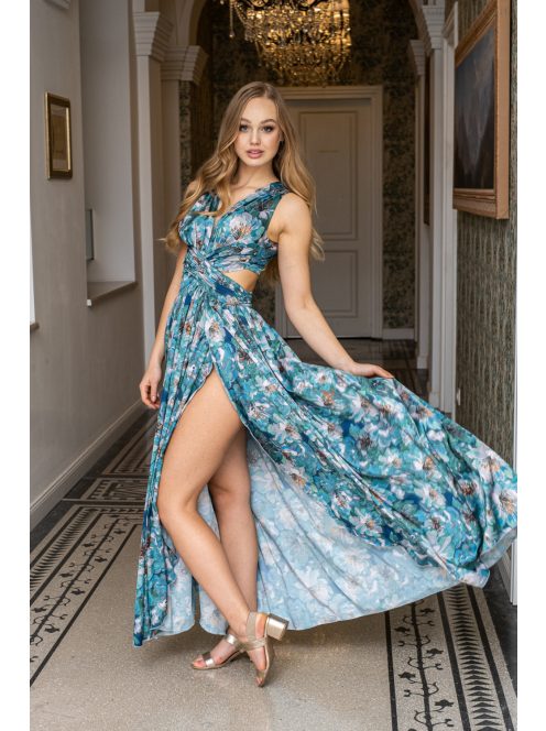 Kamilla – különleges, hátán fűzős maxi ruha, mintás, light szatén anyagból