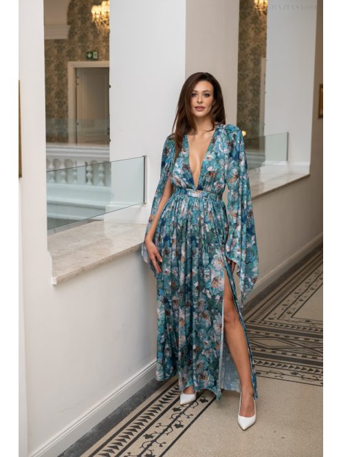 Scarlett - különleges maxi ruha keresztezett hátrésszel mintás, light szatén anyagból