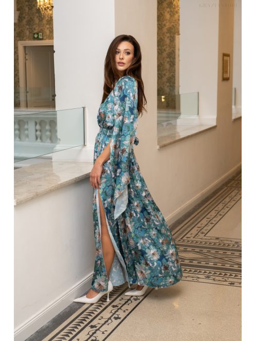 Scarlett - különleges maxi ruha keresztezett hátrésszel mintás, light szatén anyagból