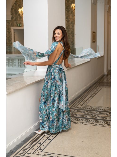 Scarlett - különleges maxi ruha keresztezett hátrésszel mintás, light szatén anyagból