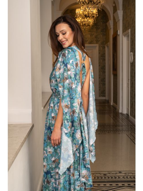 Scarlett - különleges maxi ruha keresztezett hátrésszel mintás, light szatén anyagból