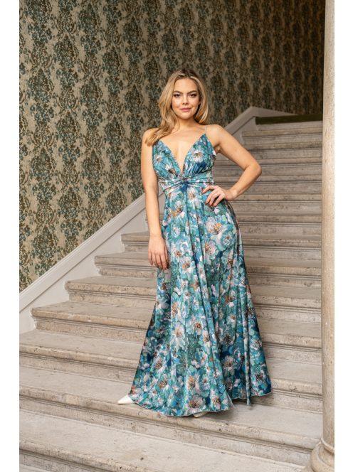 Zelma – spagetti pántos, mély dekoltázsú mintás maxi ruha.