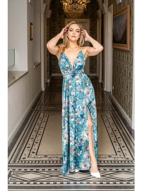 Zelma – spagetti pántos, mély dekoltázsú mintás maxi ruha light szatén anyagból