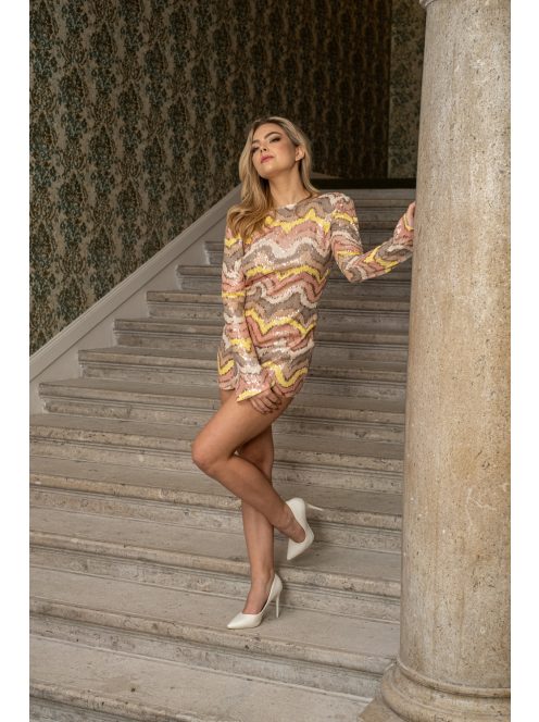 Stefin – színes, flitteres mini ruha hosszú ujjakkal, hátkivágással.