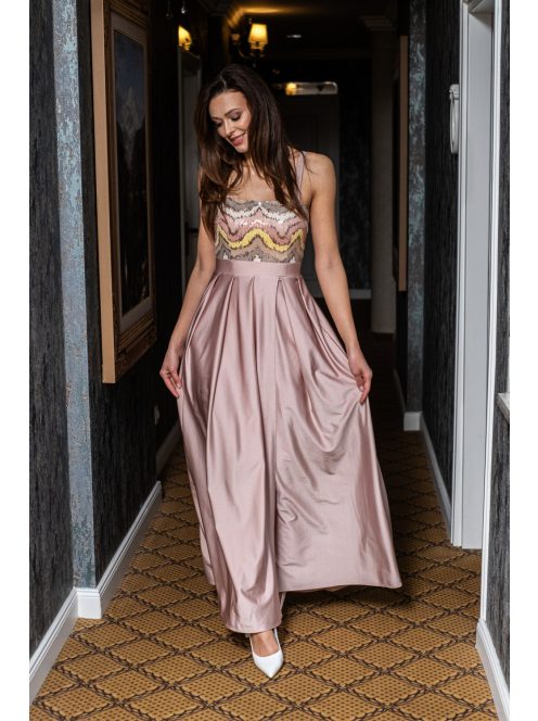 Gladys – maxi ruha, színes, flitteres felsőrésszel, elasztikus púder szoknyával 