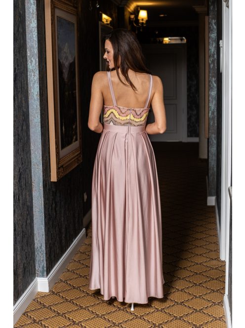 Gladys – maxi ruha, színes, flitteres felsőrésszel, elasztikus púder szoknyával 