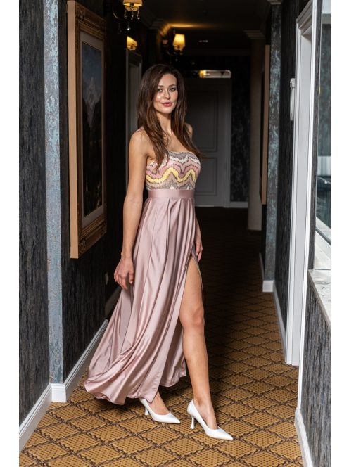 Gladys – maxi ruha, színes, flitteres felsőrésszel, elasztikus púder szoknyával 