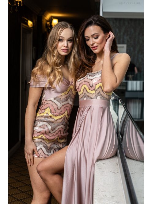 Gladys – maxi ruha, színes, flitteres felsőrésszel, elasztikus púder szoknyával 