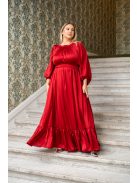 Clarissa – hosszú ujjú, fodros aljú maxi ruha light szatén anyagból meggypiros színben 