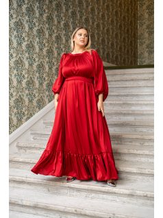   Clarissa – hosszú ujjú, fodros aljú maxi ruha light szatén anyagból meggypiros színben 