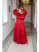 Clarissa – hosszú ujjú, fodros aljú maxi ruha light szatén anyagból meggypiros színben 
