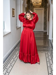   Clarissa – hosszú ujjú, fodros aljú maxi ruha light szatén anyagból meggypiros színben 