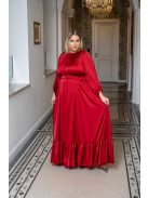 Clarissa – hosszú ujjú, fodros aljú maxi ruha light szatén anyagból meggypiros színben 