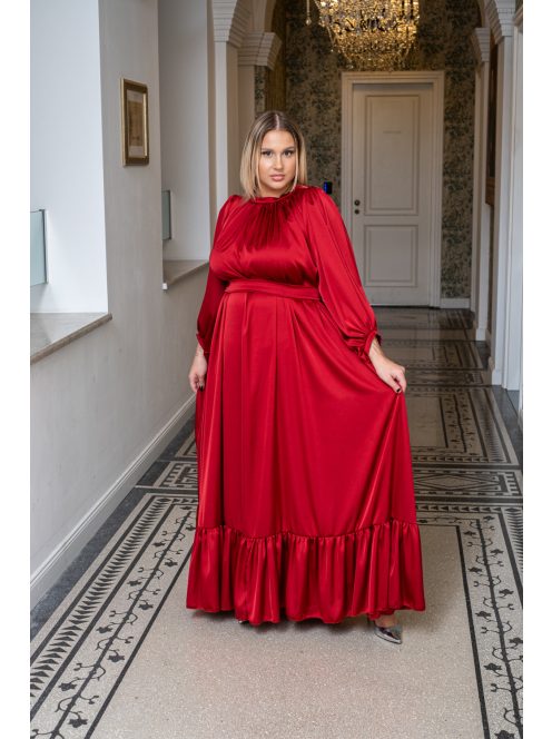 Clarissa – hosszú ujjú, fodros aljú maxi ruha light szatén anyagból meggypiros színben 