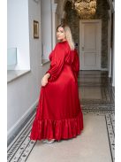 Clarissa – hosszú ujjú, fodros aljú maxi ruha light szatén anyagból meggypiros színben 