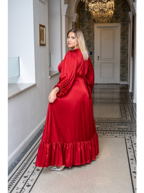 Clarissa – hosszú ujjú, fodros aljú maxi ruha light szatén anyagból meggypiros színben 